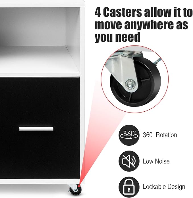 Giantex Lateral File Cabinet, Mobile Filing Cabinet with Drawer, Printer Stand with Open Storage Shelves, Wood Organizer for Home and Office A4 Letter and Legal Size (White & Black)