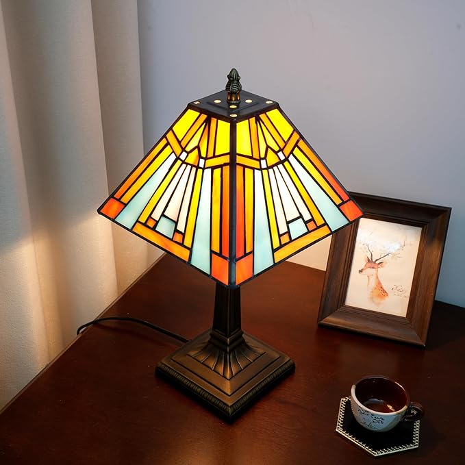 Tiffany Table Lamp Amber Brown Stained Glass Lamp Mission Style Antique Desk Beside Reading Lamp for Office Home Living Room Bedroom