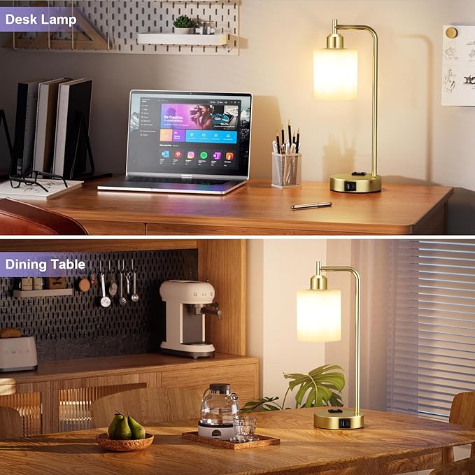 Innqoo Industrial Gold Table Lamps for Bedrooms Set of 2-3-Way Dimmable Desk Lamp with USB C+A Ports and Outlet, Gold Lamps with Opal Glass Shade for Living Room, Desk Lamps for Home Office