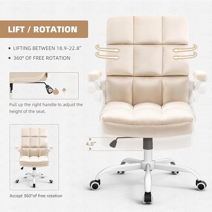 SEATZONE Home Office Chair–Beige Velvet Desk Chair with Wheels, Comfortable Computer Work Chair with Flip-up Arms and Adjustable Tilt