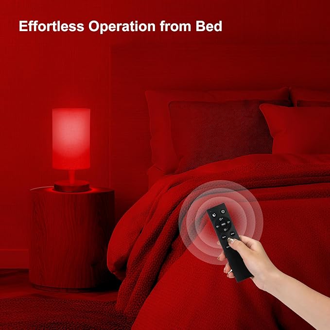 Red Light Lamp for Bedroom, Nightstand Lamp with 670nm Red & 3 White Light Modes, Remote Control, Timer, Night Light, Dimmable LED Bedside Table Lamp with Memory Function, Wood Base & Fabric Shade