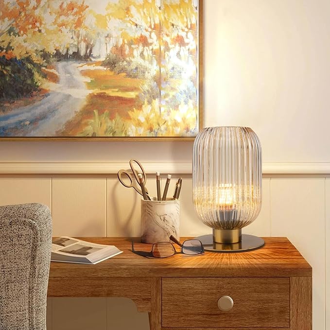 Table Lamp for Bedroom Nightstand Set of 2, Midcentury Modern Table Lamp Living Room Small End Table lamp, Amber Glass Bedside Lamp Gold Bedside Lamp with On/Off Switch on Plug in Cord