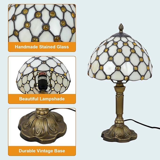 Tiffany Style Table Lamp Beige Beads Vintage Bedside Table Light Desk Lamps Accent Small Lamp 14" Tall 8" Wide Reading Lamp with Color Changing LED Bulb