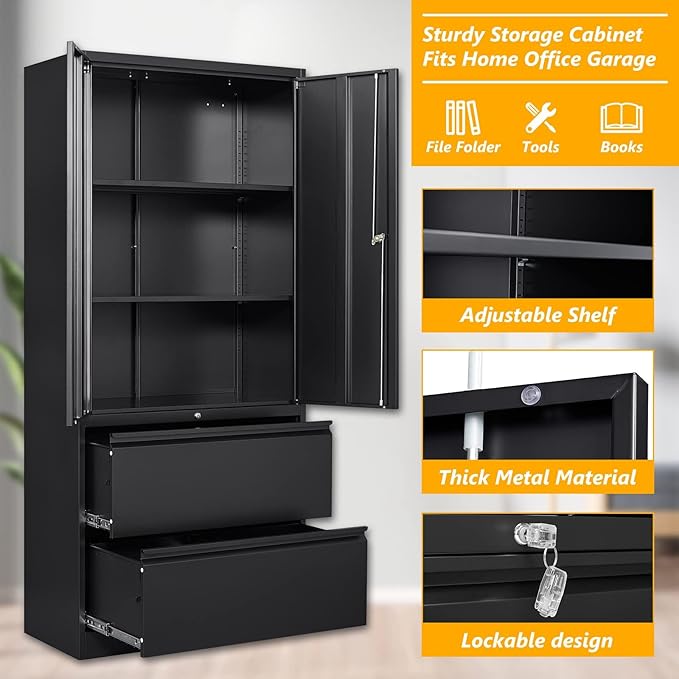 STANI 2 Drawer Lateral File Cabinet - Metal Storage Cabinet with Locking Drawers for Letter/A4 Size Files (Black)