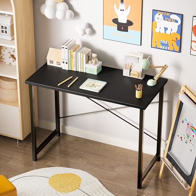 Sweetcrispy Small Computer Office Desk 32 Inch Kids Student Study Writing Work with Metal Frame Wood Tabletop Modern Simple Home Bedroom PC Table - Black