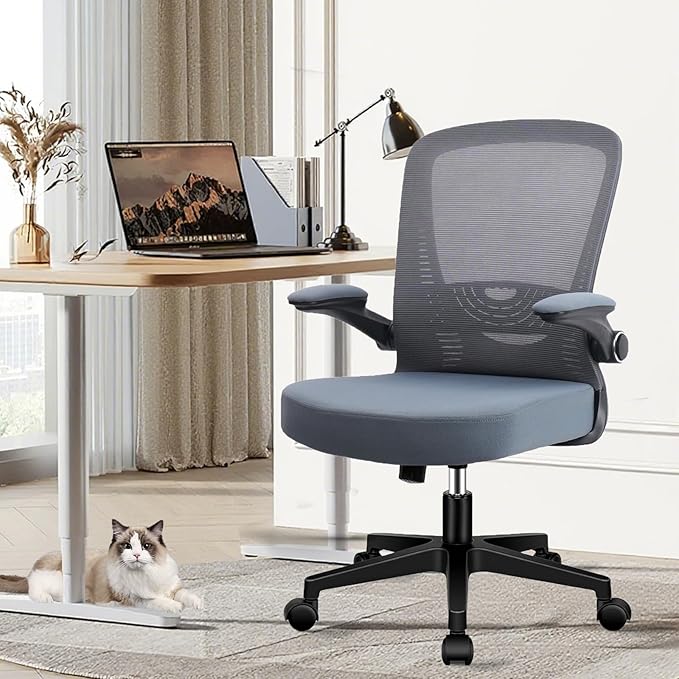 CLATINA Desk Chairs with Wheels, Ergonomic Rolling Mesh Office Chair Adjustable Height and Lumbar Support Home Office Computer Chair with Flip Up Armrests, Grey 2PK