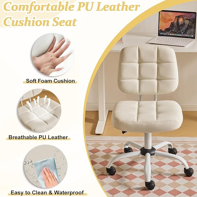VINGLI Compact Small Desk Chair, Cute Armless Chair with Wheels, Vanity Chair with Low Back, Height Adjustable Task Chair for Small Spaces, Office, Bedroom, Make Up Room, PU Leather, White