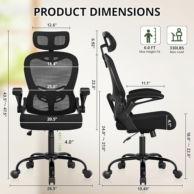 Office Chair Ergonomic Desk Chair, 330LBS Capacity, High Back Computer Chair with Lumbar Support, Flip-up Armrests Swivel Task Chairs for Long Hours Work