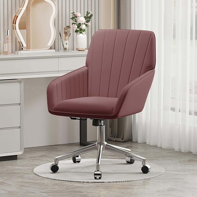 YISHENG Velvet Office Desk Chair with Silver Base, with Wheels,Modern Height Adjustable 360 Degree Swivel Upholstered Vanity Chairs with Arms for Living Room Bedroom,Rose