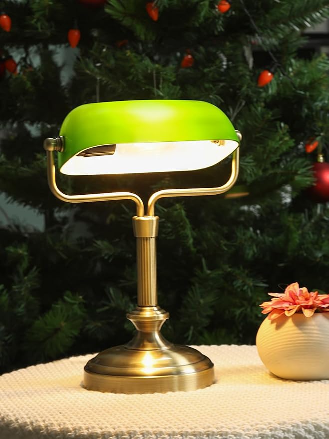 Traditional Banker's Desk Lamp with Glass Shade,Pull Chain Switch, LED Bulb Included (Antique Brass+Green+Touch)