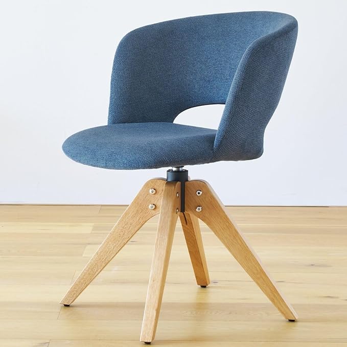 Mid Century Modern Swivel Accent Chair with Solid Wood Legs, Home Office Desk Chair No Wheels, Makeup Chair for Vanity, Upholstered Chair for Bedroom, Blue