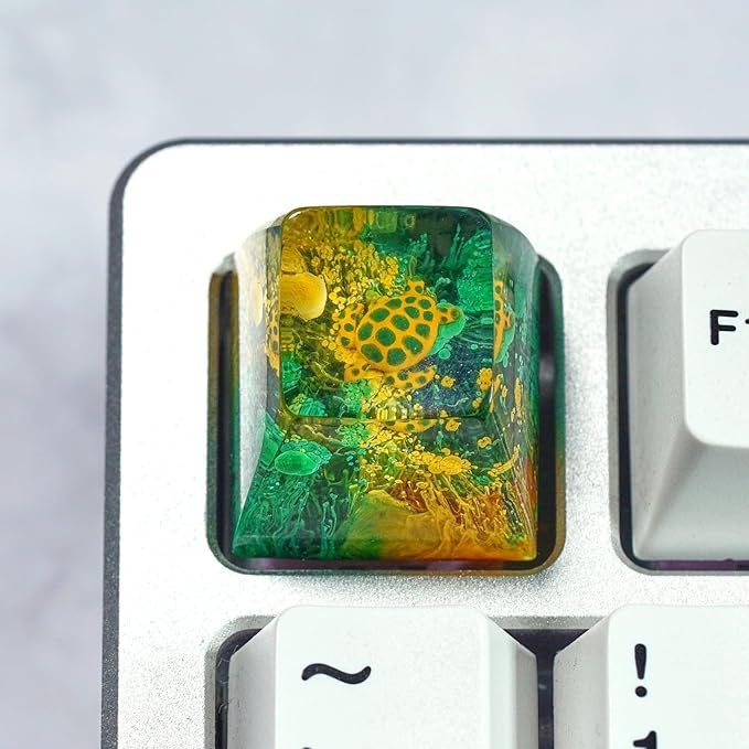 Sea Turtle Artisan Keycap Green and Yellow Coral Reef R1 SA Profile Custom Sea Creatures Keycaps 1U ESC Handmade Gaming Resin Key Cap Cherry MX Switch Compatible Mechanical Keyboard Turtle Lover Gift