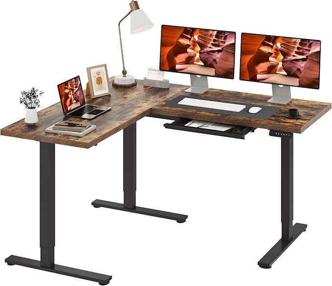 L-Shaped Standing Desk, 63 x 55 Inches Height Adjustable Desk with Storage, Sit and Stand up Desks, Ergonomic Rising Computer Table for Home Office with Splice Board, Rustic Brown