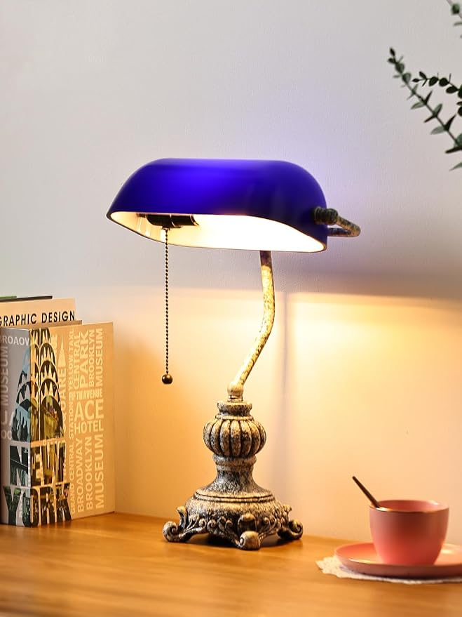 Newrays Retro Blue Glass Bankers Desk Lamp for Home Office,Library with Pull Chain Switch Plug in Fixture, LED Bulb Included