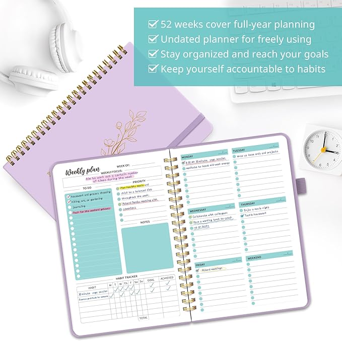 Undated Weekly Planner, Weekly To Do List Notebook with Goal & Habit Tracker Organizer, A5 Weekly Planner Notebook with Spiral Binding, 6.1" x 8.2" - Purple