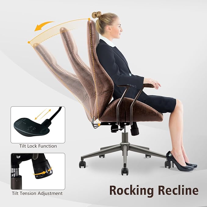 ovios Ergonomic High Back Office Chair, Mid-Century Modern Faux Suede Leather Chair with Padded Armrests, Comfy Executive Computer Task Swivel Rolling Chairs, Dark Coffee