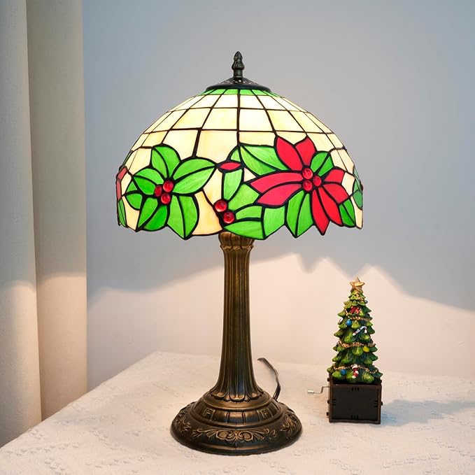 Tiffany Lamp Stained Glass Table Lamp 12 Inch Green Red Christmas Flower Warm Color Reading Lamp Suitable Shops Dormitories Home and Office Decoration Tiffany Style Retro Holiday Home Decoration Gift