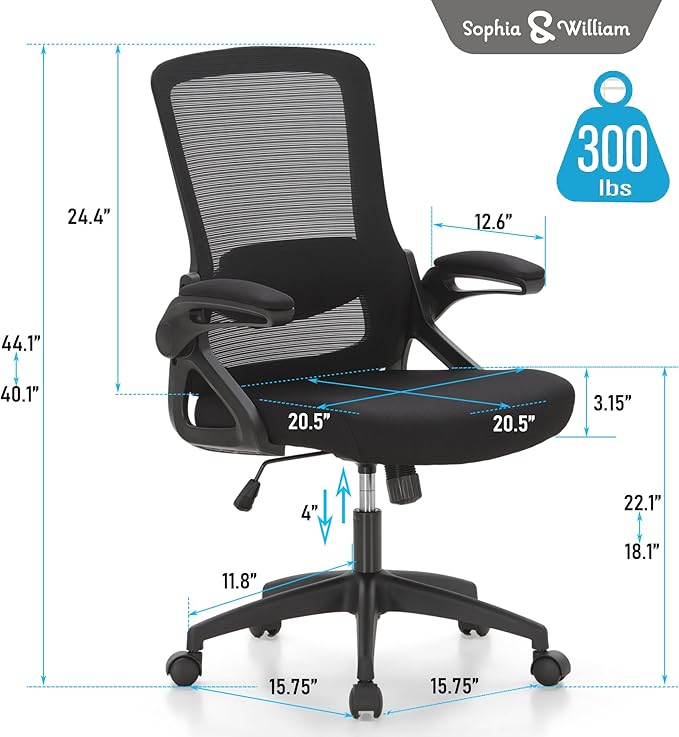 Sophia & William Ergonomic Mesh Office Desk Chair High Back, 360° Swivel Rocking Executive Computer Chair with Flip-up Armrests, Height Adjustable Lumbar Support, Black, Load Capacity: 300 lbs