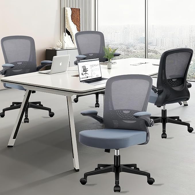 CLATINA Desk Chairs with Wheels, Ergonomic Rolling Mesh Office Chair Adjustable Height and Lumbar Support Home Office Computer Chair with Flip Up Armrests, Grey