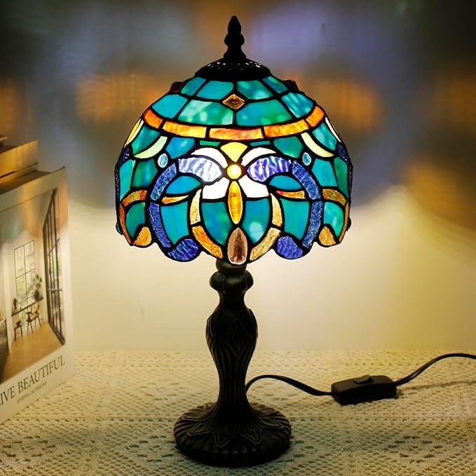 Small Tiffany Lamp Stained Glass Table Lamp Mini Desk Accent Light for Bedroom Bedside Reading Home Antique Style Decor 8X15 Inches (Brown Jewelry Baroque)