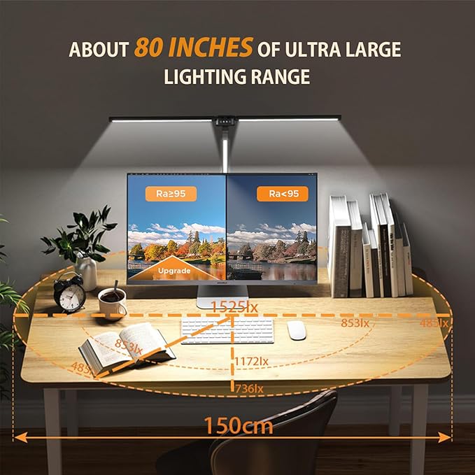 LED Desk Lamp for Office Home, Eye-caring 3-Lights 1500 Lumen with Clamp, Dual Screen Computer Adjustable Light, 24W Dimmable 272 Leds Remote Controlled Timed Table Lamp for Reading Study Working