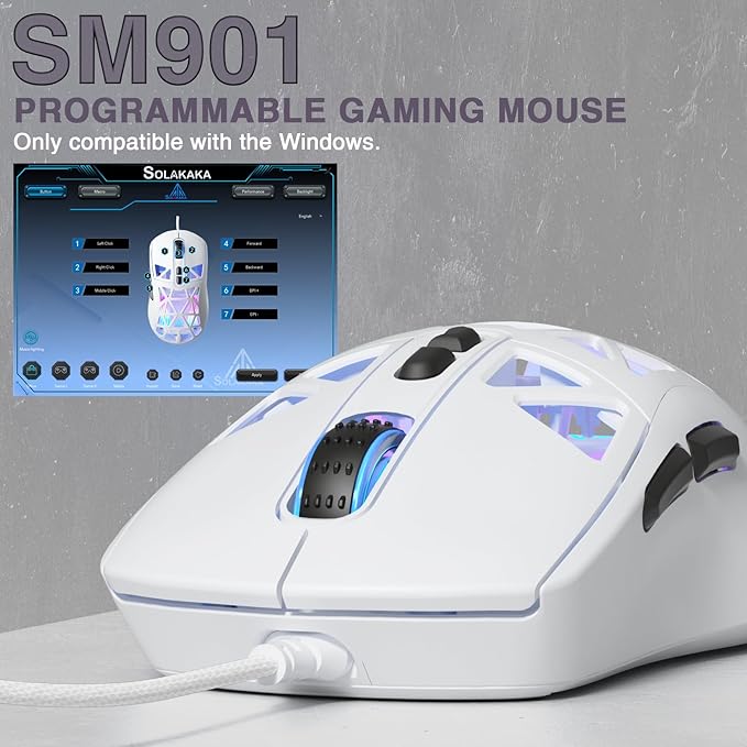 SOLAKAKA SM901 Gaming Mouse,13800DPI RGB Mouse with Programmable Buttons,53g Lightweight Wired Mouses for Gamer,White