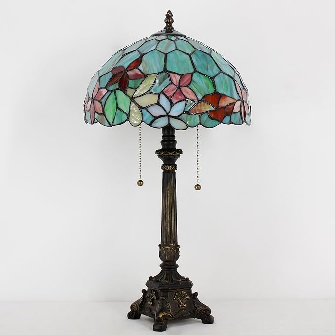 Tiffany Table Lamp Red Yellow Green Flowers Stained Glass Desk Lamp 12X12X21 Inches Reading Light
