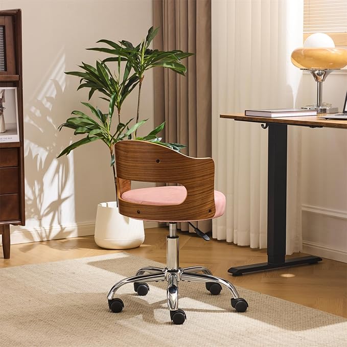 VINGLI Armless Home Office Desk Chair, Adjustable Swivel Chair,Dual-Use with/no Wheels,Small Retro Designed Walnut Curved Task Chair,Cushioned Nail Tech Chair for Study Area,Workspace,PU,Pink
