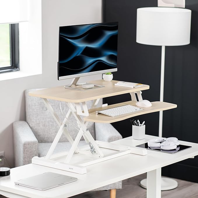 VIVO 28 inch Desk Converter, K Series, Height Adjustable Sit to Stand Riser, Dual Monitor and Laptop Workstation with Keyboard Tray, Light Wood Top, White Frame, DESK-V028KF