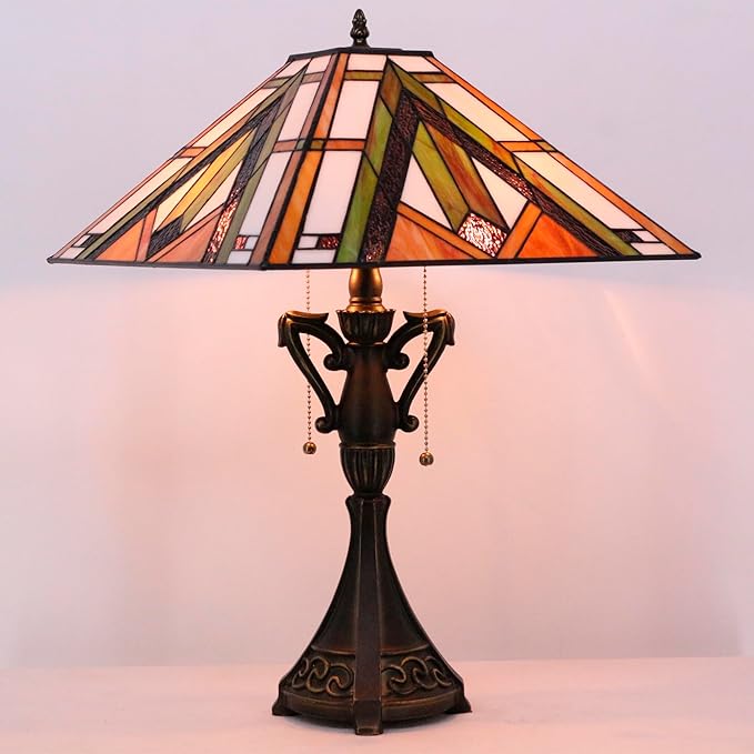 Tiffany Table Lamp Stained Glass Bronze Mission Style Desk Reading Light 16X16X24 Inch for Bedroom Living Room Home Office