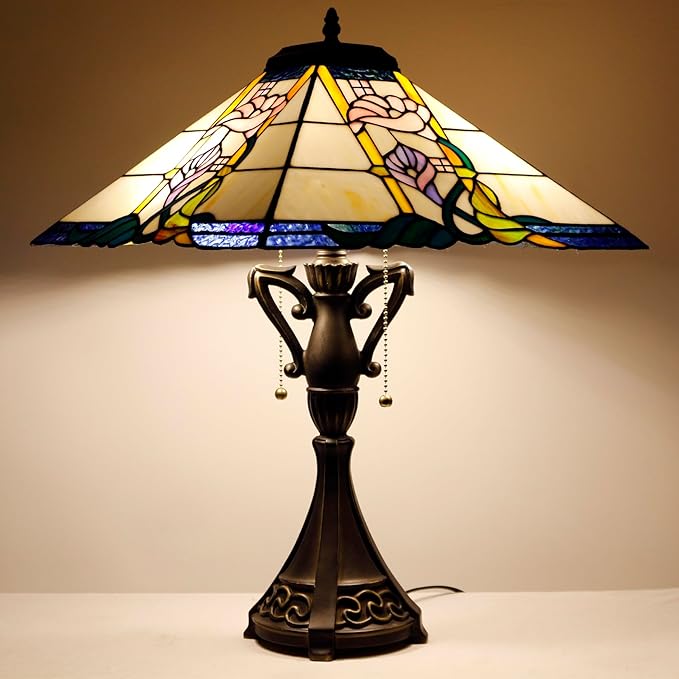 Tiffany Table Lamp Stained Glass Square Pink Flower Mission Style Desk Reading Light 16X16X24 Inch for Bedroom Living Room Home Office