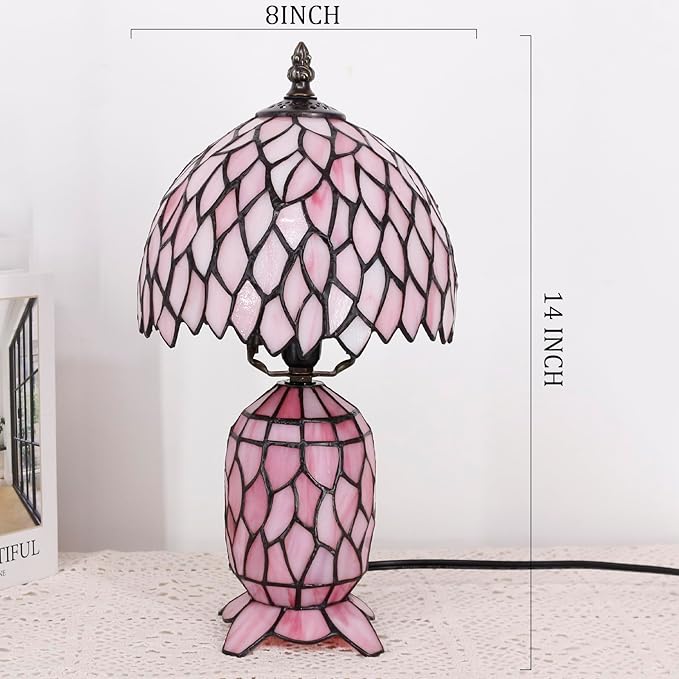 Small Tiffany Lamp Stained Glass Table Lamp Mini Mother Daughter Vase Desk Accent Night Light for Bedroom Bedside Reading Home Antique Style 8X14 Inches (Pink Wisteria)