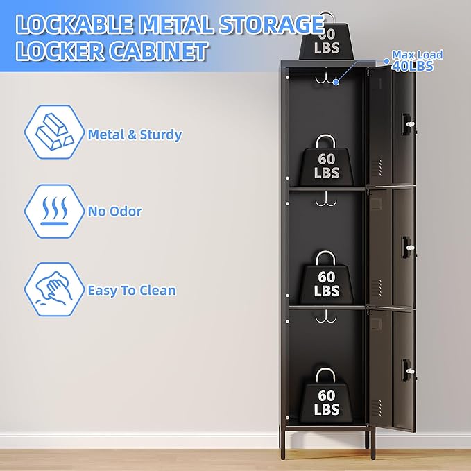 Metal Locker with Hooks and Ventilation Holes,Metal Storage Locker with Keys and Business Card Slof for Home,Gym,Garage,School,Office,66" H×15.75" W× 15.75" D,Assembly Required,Black
