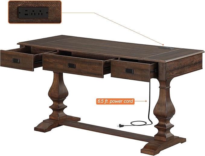 WAMPAT 60-inch Vintage Wood Home Office Desk with Stable Solid Wood Pedestral Legs, Tradional Rustic Executive Desk with Deep Drawers and Power Outlets for Office,Study,Dark Walnut Brown