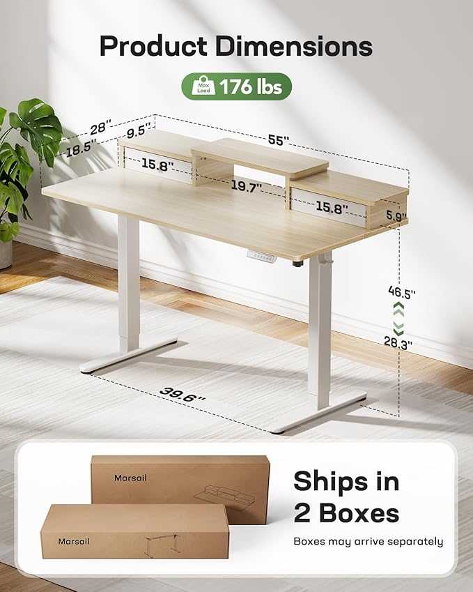 Marsail Electric Standing Desk with Drawers, 55″ x 28″ Height Adjustable Sit Stand Up Desk with Storage Shelf, Ergonomic Home Office & Computer Table with 4 Memory Heights, Maple