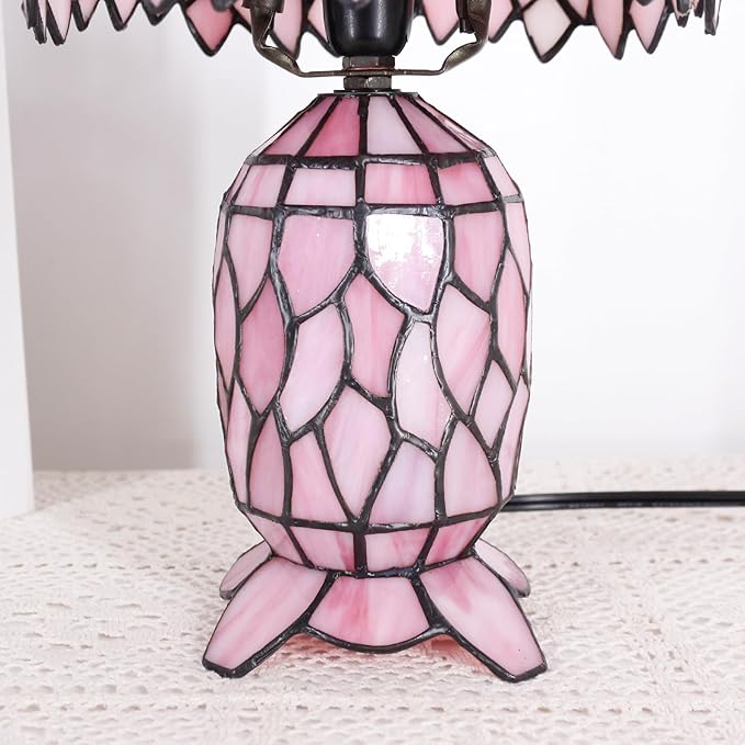Small Tiffany Lamp Stained Glass Table Lamp Mini Mother Daughter Vase Desk Accent Night Light for Bedroom Bedside Reading Home Antique Style 8X14 Inches (Pink Wisteria)