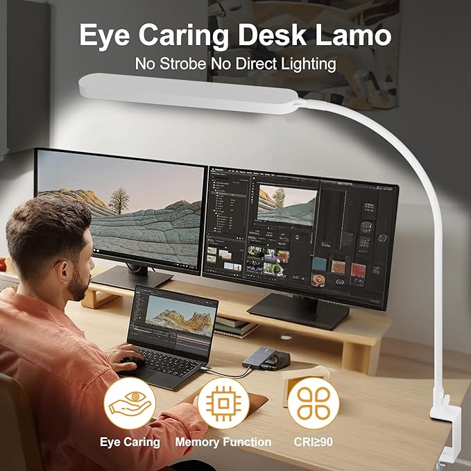 SKYLEO Led Desk Lamp - 33.5" Desk Light - Flexible Gooseneck - 5 Color Modes X 11 Brightness Levels - 1300LM - Timmer & Memory Function - 12W Clip on Light - White