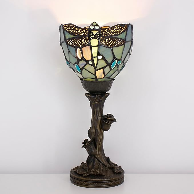 Small Tiffany Lamp Mini Stained Glass Table Lamp Blue Dragonfly Accent Desk Uplight W6 H13.5 Inch Bronze Resin Base