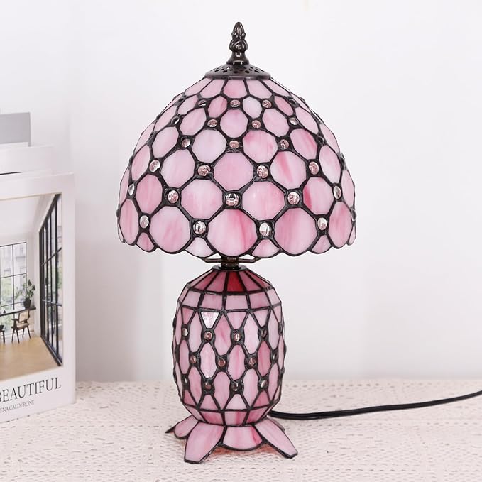 Small Tiffany Lamp Stained Glass Table Lamp Mini Mother Daughter Vase Desk Accent Night Light for Bedroom Bedside Reading Home Antique Style 8X14 Inches (Pink)