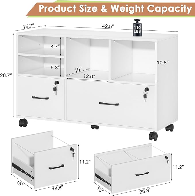 Semoic 2 Drawer Wood Lateral File Cabinet with Lock, Lockable Rolling Filing Cabinet with Open Storage Shelves, Printer Stand Office Storage Cabinet for Home Office Fits Files Legal/A4 Size, White