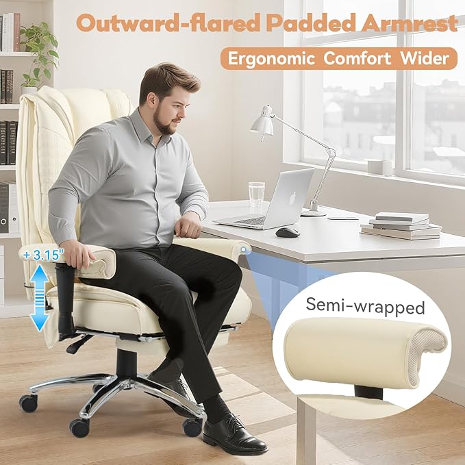 Massage & Heated Office Chair with Foot Rest, Ergonomic Executive Office Chair with Reclining Backrest, Adjustable Arms and Lumbar Support, High Back Leather Desk Chairs for Home Office, Beige