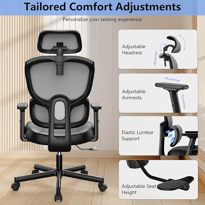Office Chair, Ergonomic Desk Chair, High Back Desk Chair, Big and Tall Reclining Comfy Home Office Chair with Lumbar Support Breathable Mesh Computer Chair Adjustable Armrests
