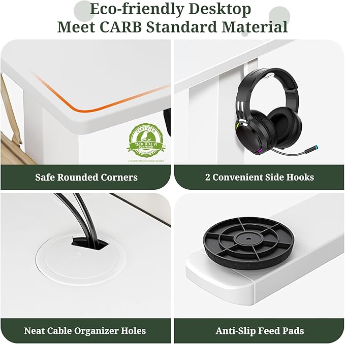 55 x 24 in Electric Standing Desk - Memory Height Adjustable Ergonomic Sit-to-Stand Rising Computer Table Gaming Workstations with 2 Hooks and Wire Hole for Home Office, White