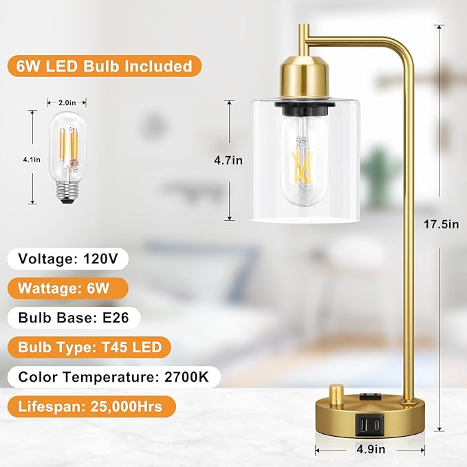 Innqoo Gold Table Lamp for Bedroom - Industrial Bedside Lamp with USB Port and Outlet, Fully Dimmable Nightstand Lamp with Clear Glass Shade, Small Desk Lamps for Home Office