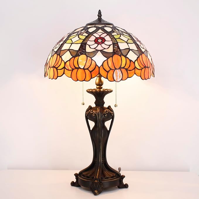 Tiffany Stained Glass Table lamp 16X16X24 Inch Orange Flower Style Desk Bedroom Living Room Antique Reading Light (Orange Flower)
