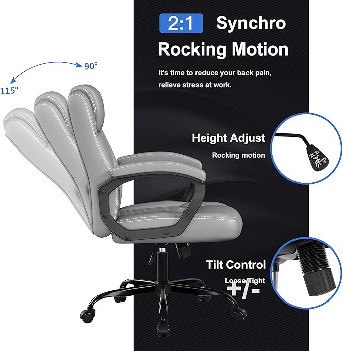 Misolant Office Chair, Executive Desk Chair, PU Leather Comfortable Ergonomic Chairs with Fixed Armrest, Adjustable Height, Rocking Function, 360° Swivel Wheels, Gray