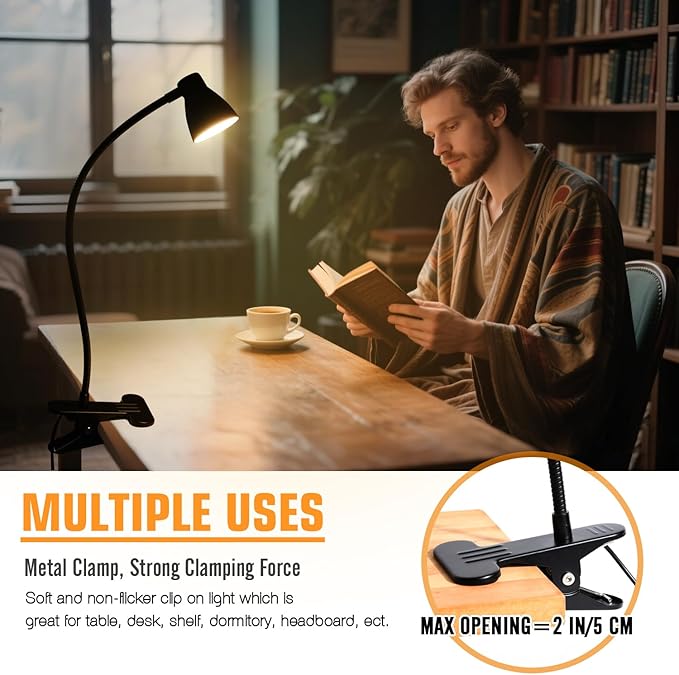 Clamp Desk Lamp, Clip on Reading Light, 3000K-6500K Adjustable Color Temperature, Multiple Illumination Modes, CRI>90, 6Watts (Adapter Not Included)