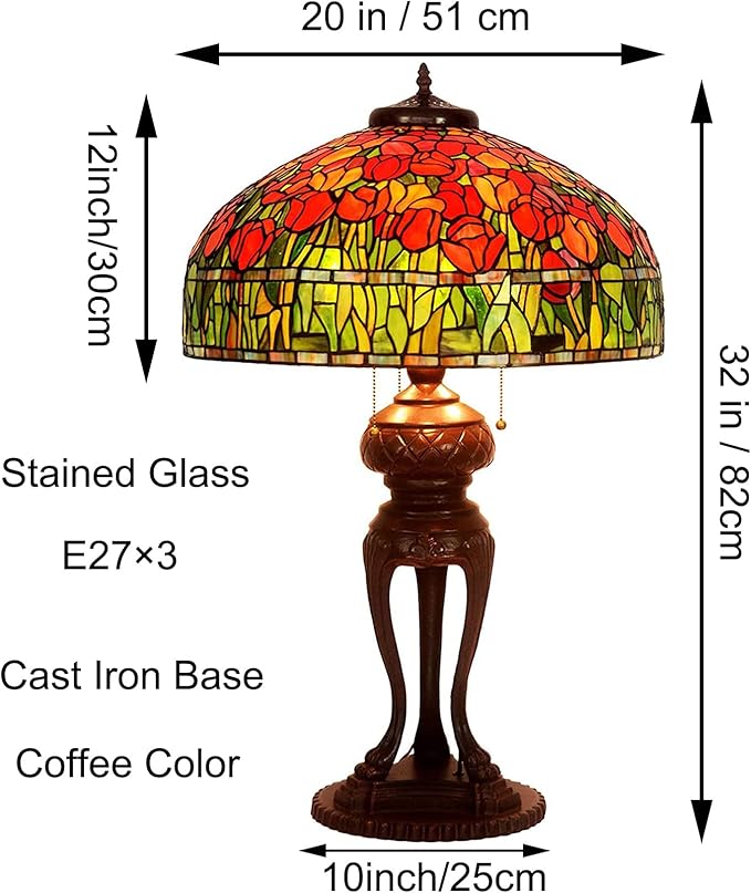 Tiffany Lamp Table Lamp Rose Dragonfly Tulip Wisteria Grape Peach Kapok Peony Apple Flower Design Stained Glass Lampshade Desk Lamp for Girl Living Room Iron Base W20 XH32,Tulip