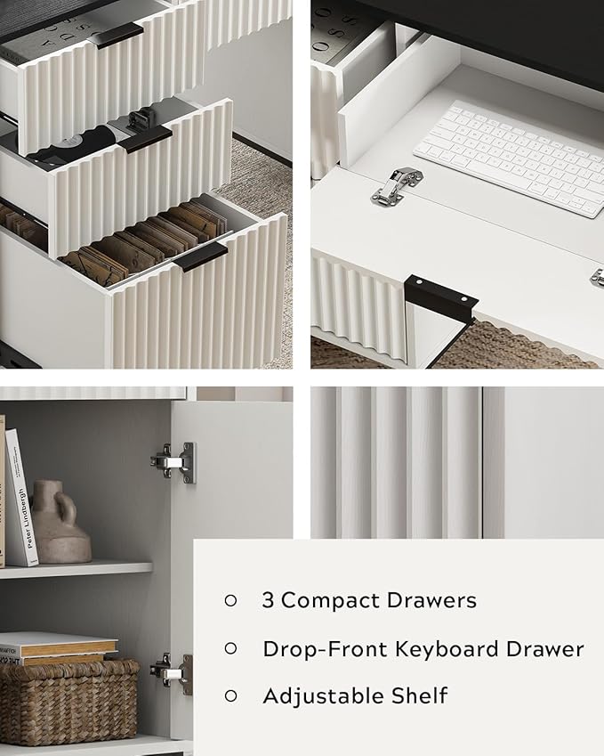 Modern Fluted Executive Desk with File Drawer, 55" Large Computer Desk with Storage and Charging Station, Wooden Home Office Desk for Workspace, Writing, Study, Black/White