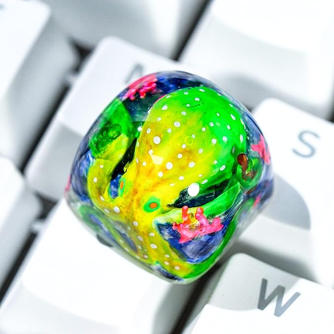 Green Octopus Artisan Keycap DOM Profile Custom Ocean Sea Creatures Keycaps 1U ESC Handmade Gaming Kraken Resin Key Cap Cherry MX Switch Compatible Mechanical Keyboard Octopus Lover Gift